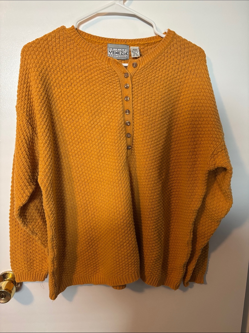 Vintage Retro 90s Teacher Vibe Waffle-Knit Mustard Henley Sweater
